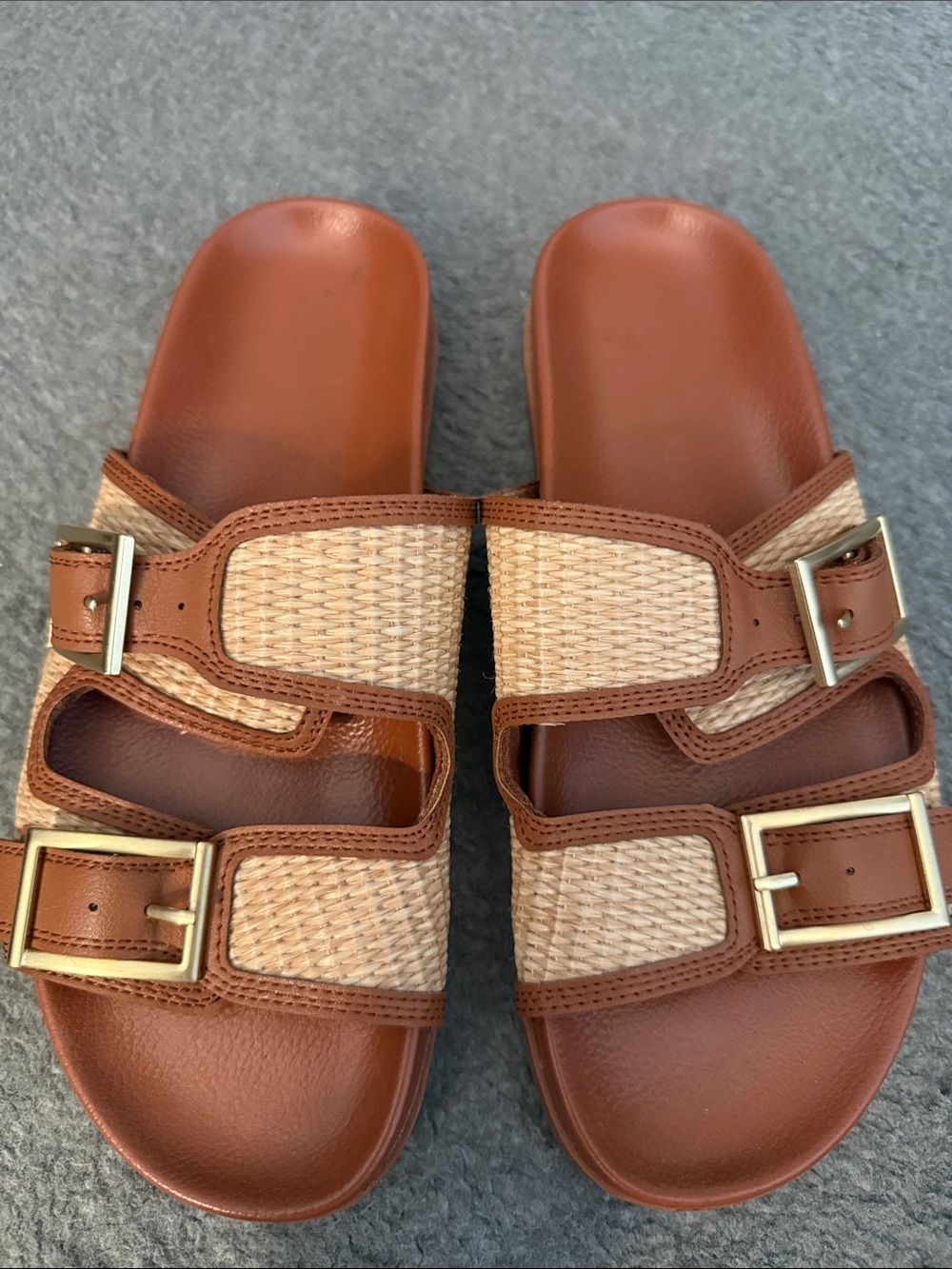 Anne Klein Tan & Natural Woven Double-Buckle Slide Sandals